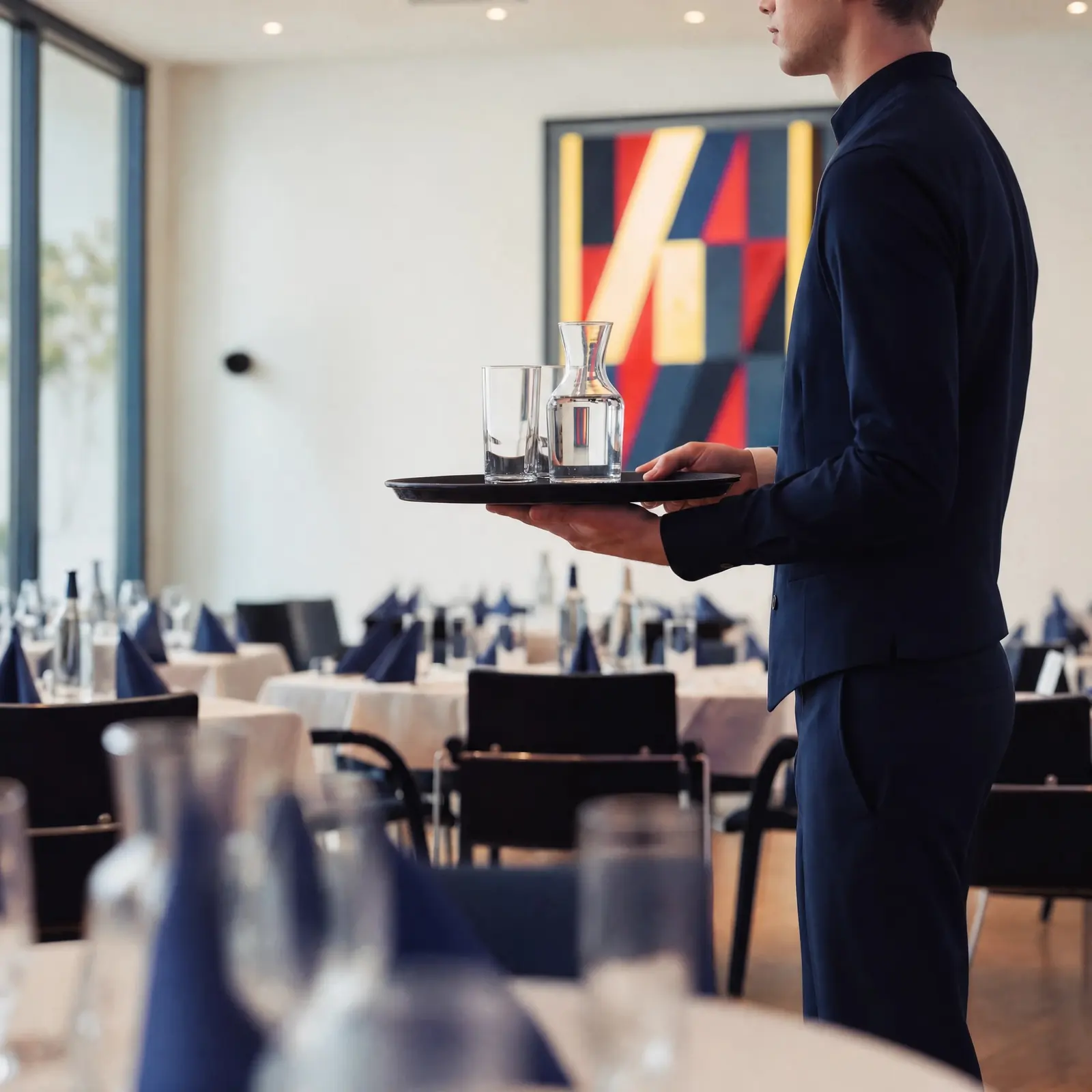 Servicekraft mit Tablett und Wasserkaraffe im Restaurant